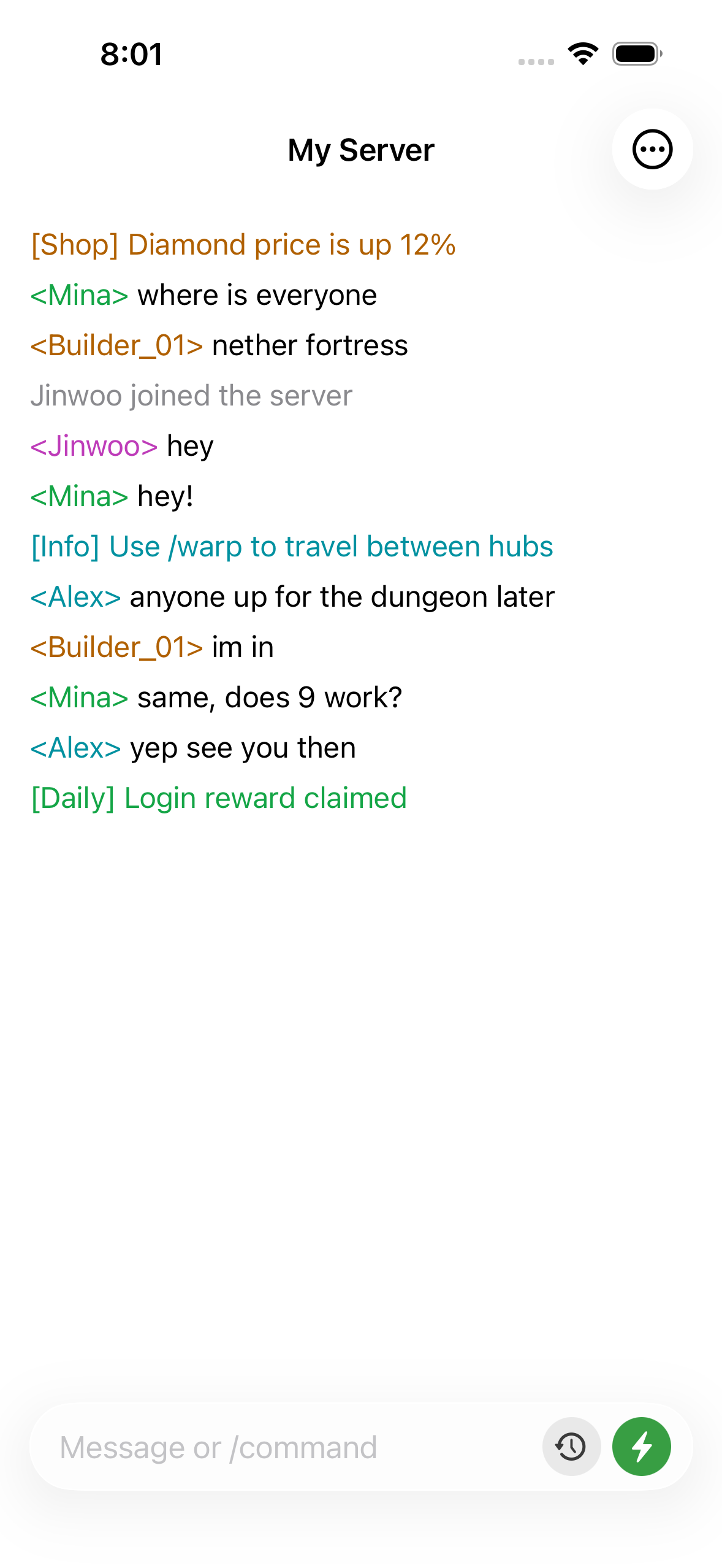 ChatMC showing live server chat, with players asking a question and an admin replying.