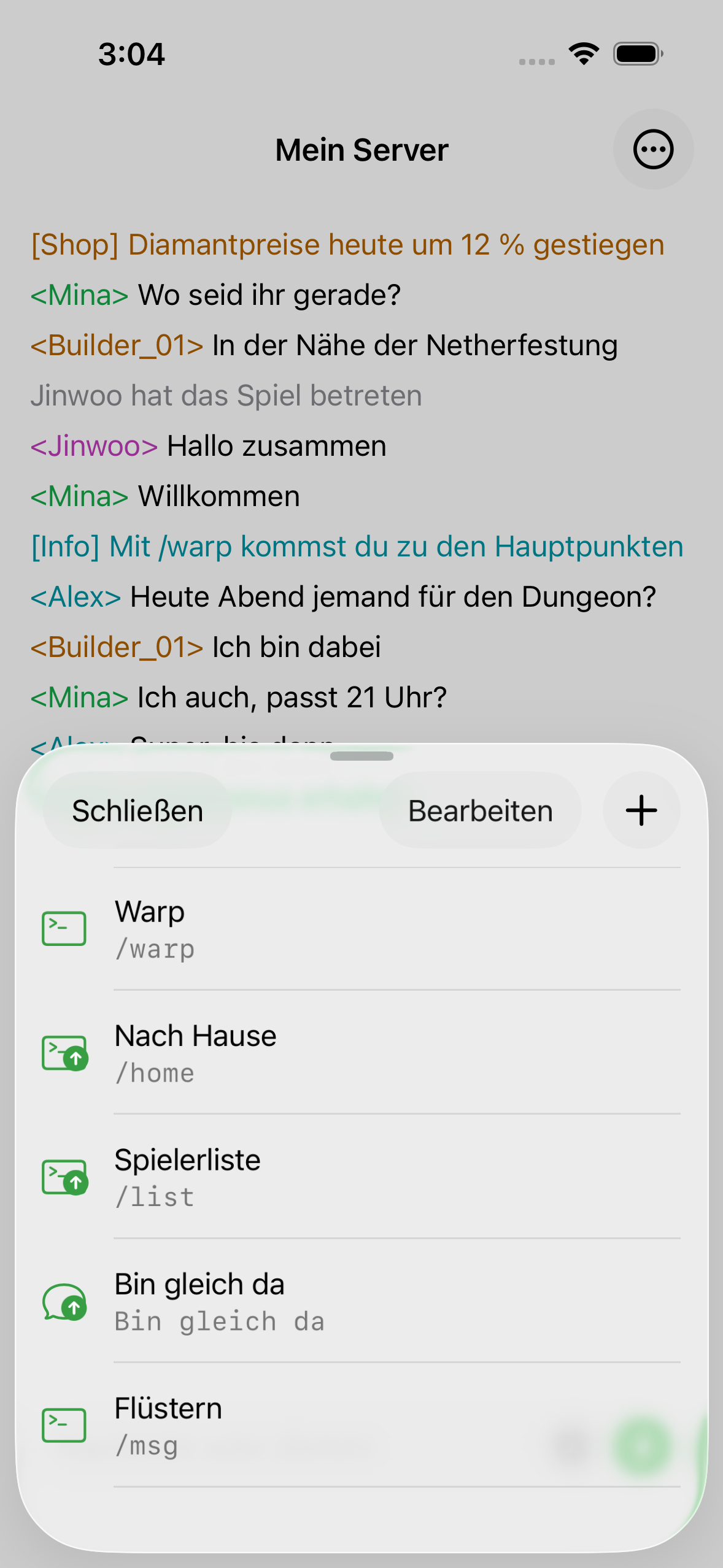 Saved quick inputs in ChatMC, including a spawn command and a greeting.