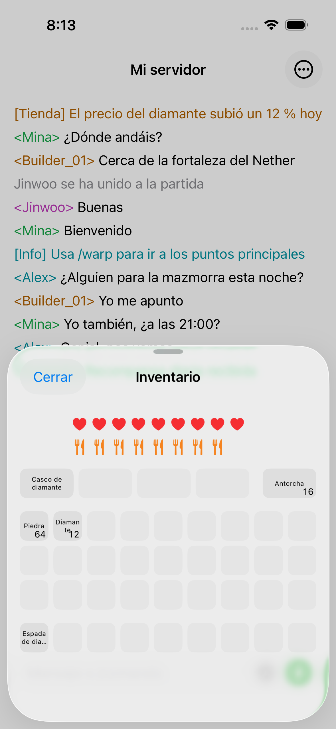 The ChatMC inventory view showing items, health and hunger.