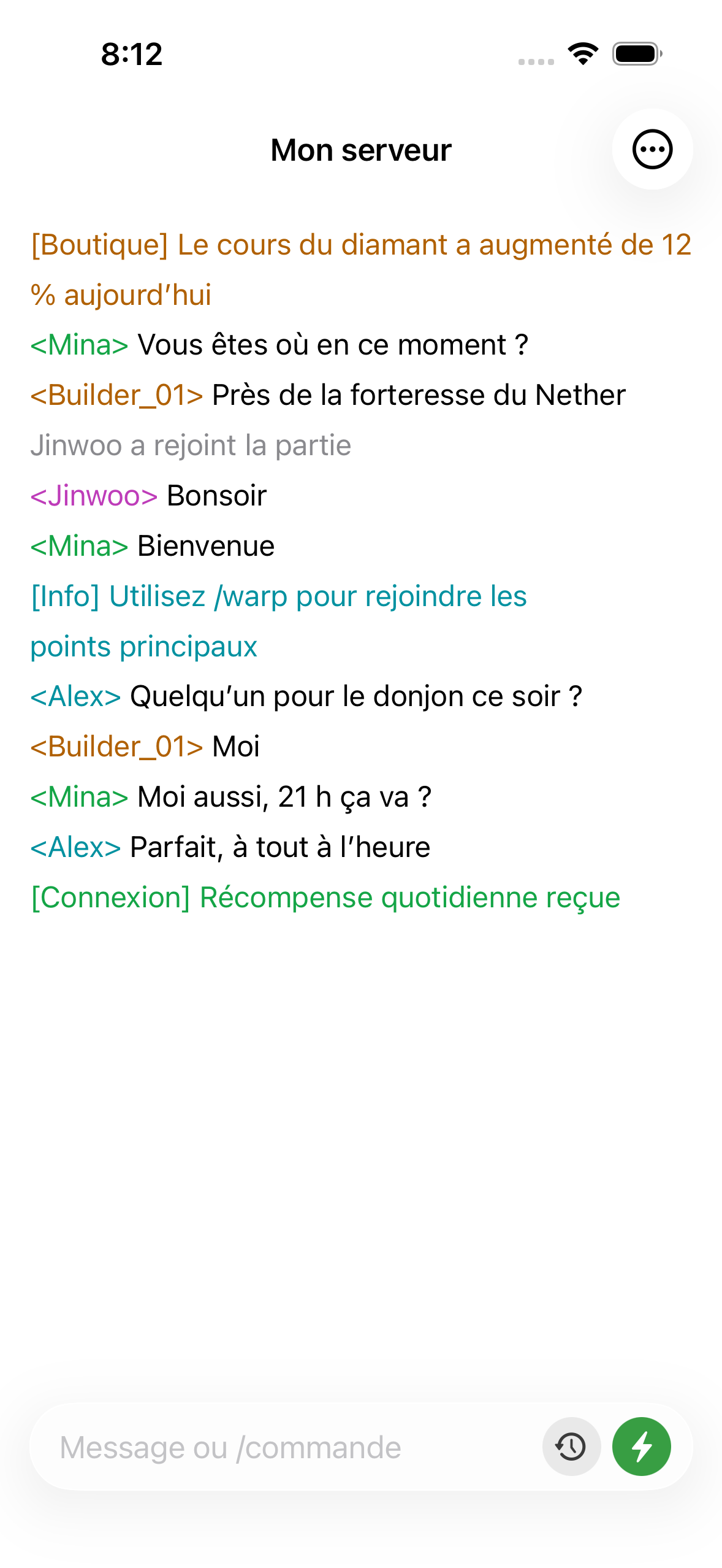 ChatMC showing live server chat, with players asking a question and an admin replying.