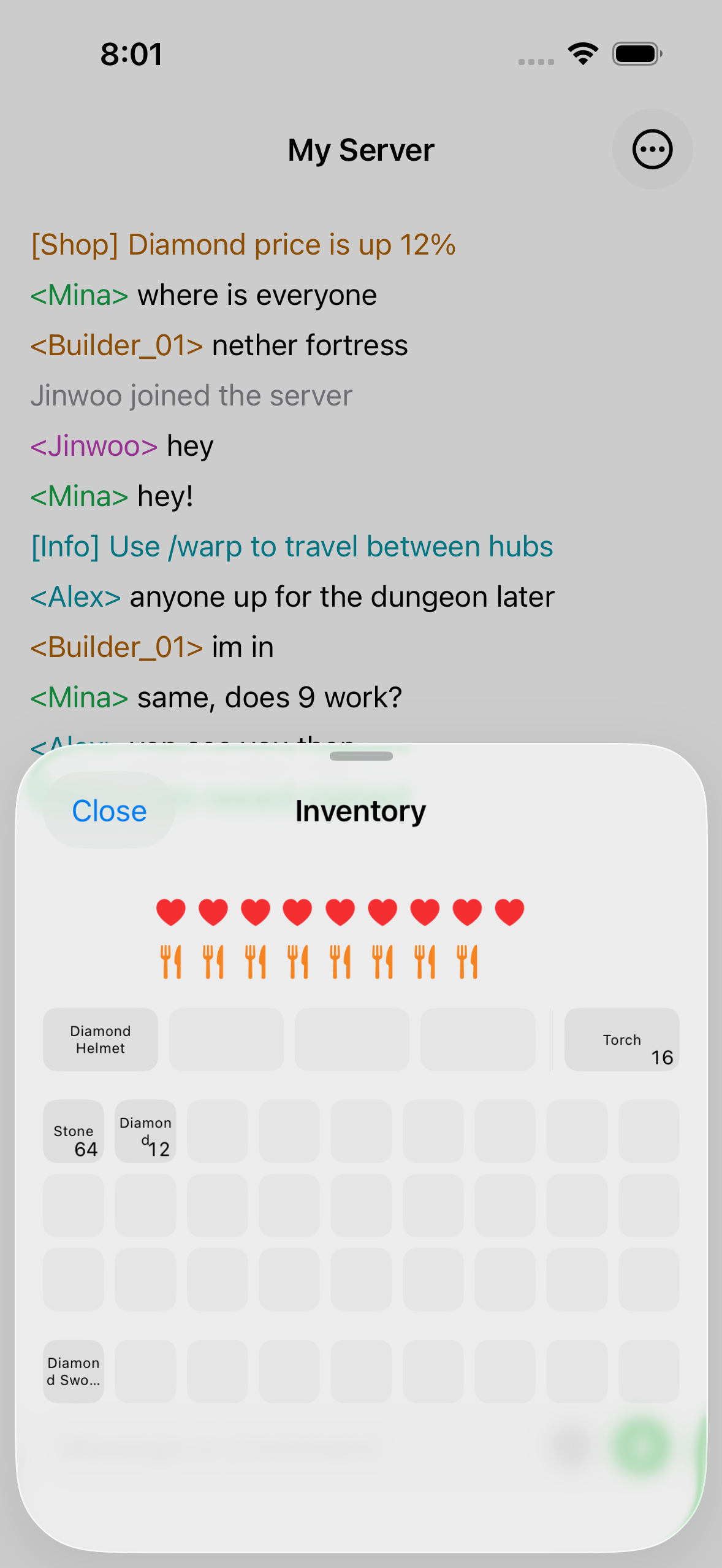The ChatMC inventory view showing items, health and hunger.