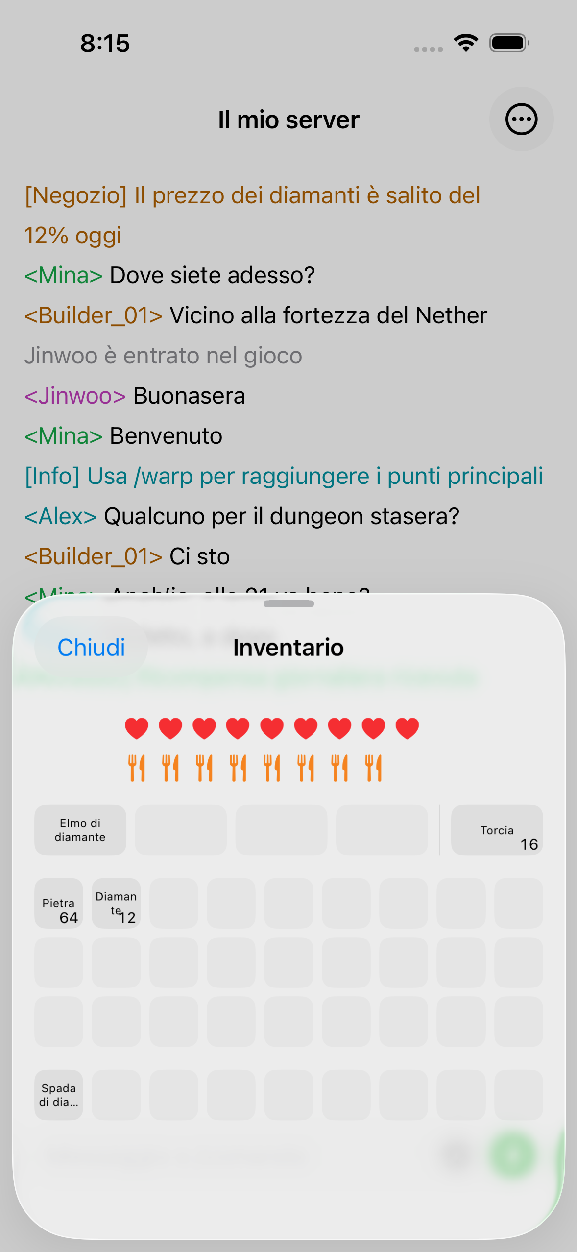 The ChatMC inventory view showing items, health and hunger.