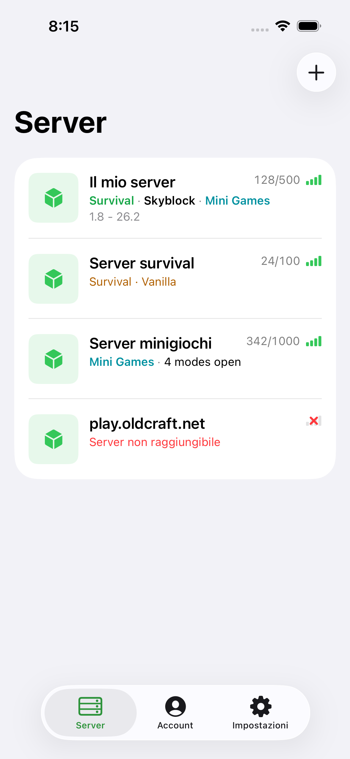 The ChatMC server list showing saved servers with player counts.