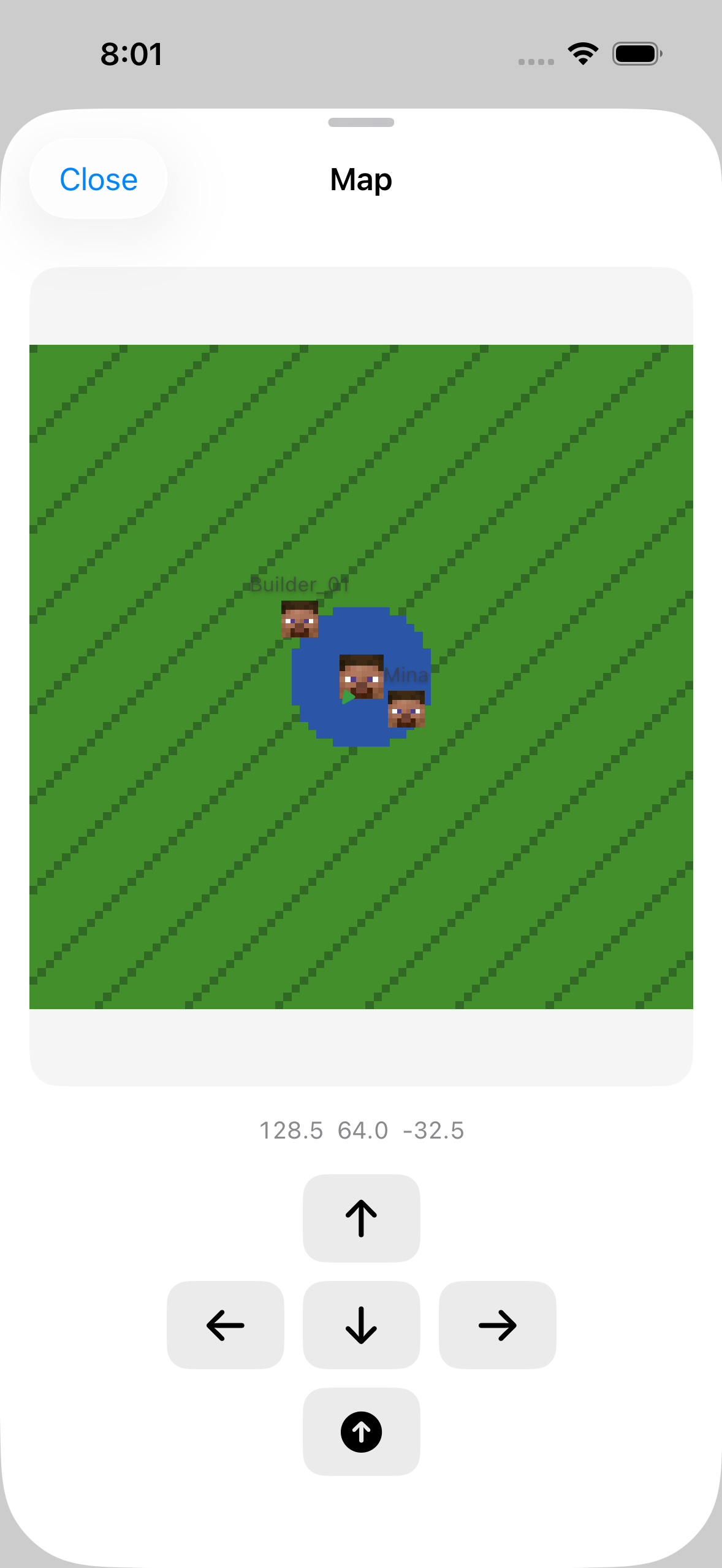The ChatMC map view showing nearby terrain and player positions.