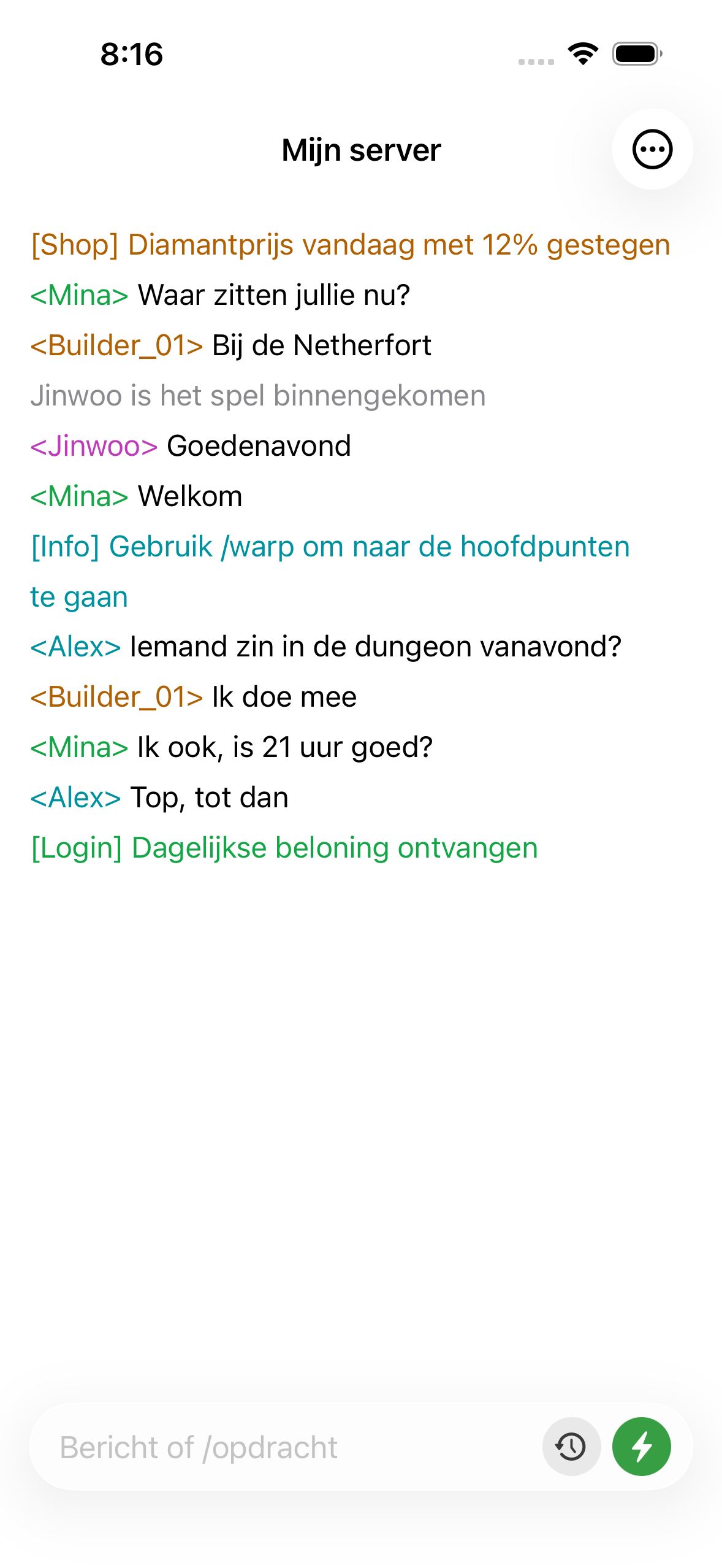 ChatMC showing live server chat, with players asking a question and an admin replying.