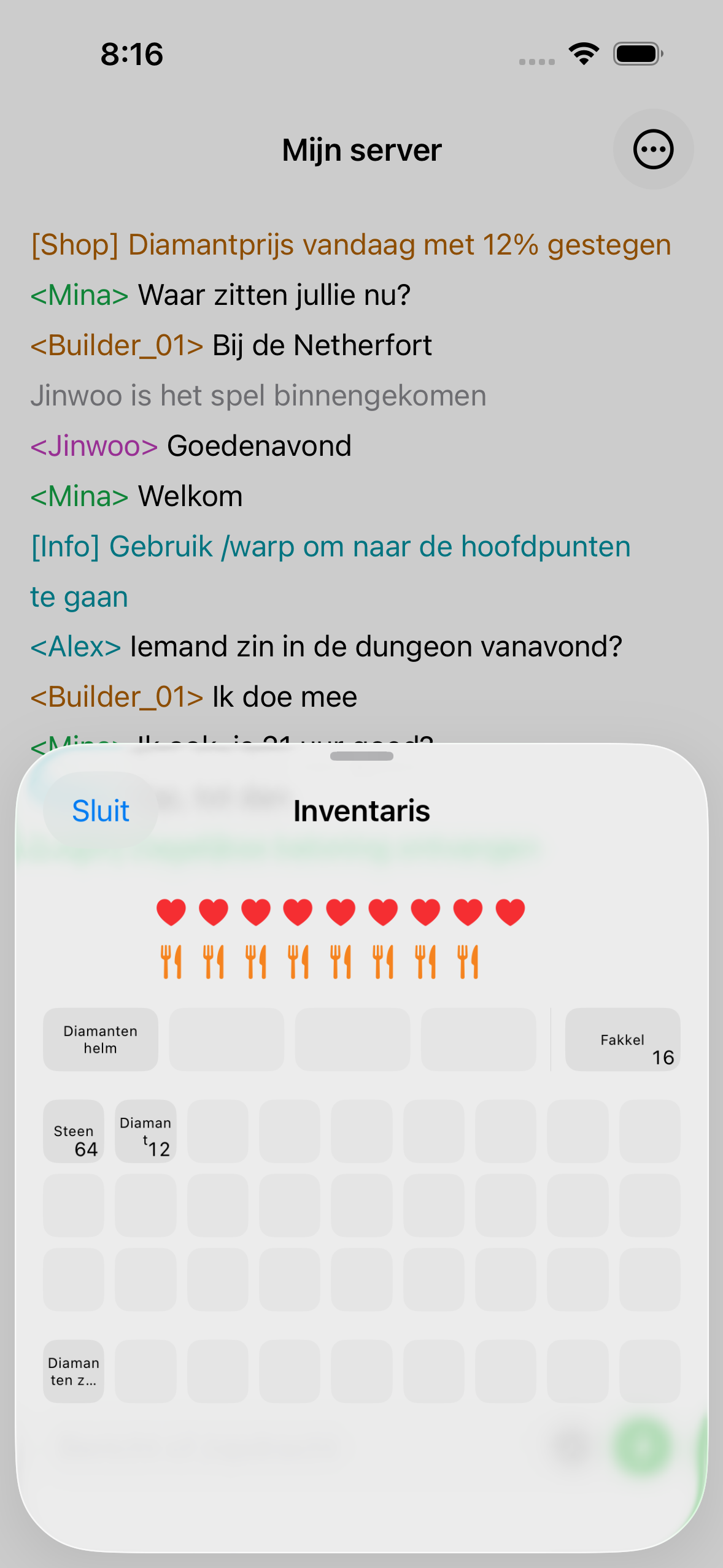 The ChatMC inventory view showing items, health and hunger.