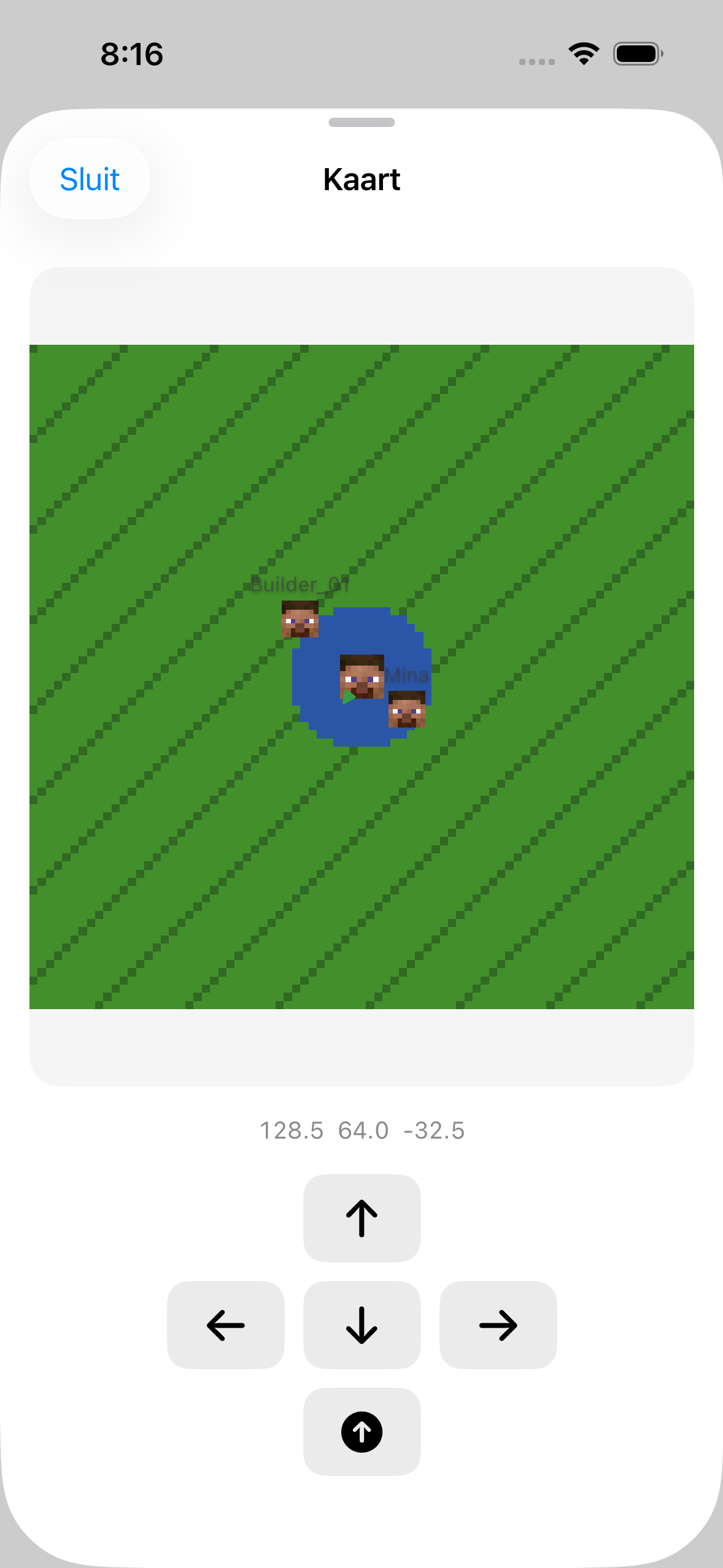 The ChatMC map view showing nearby terrain and player positions.