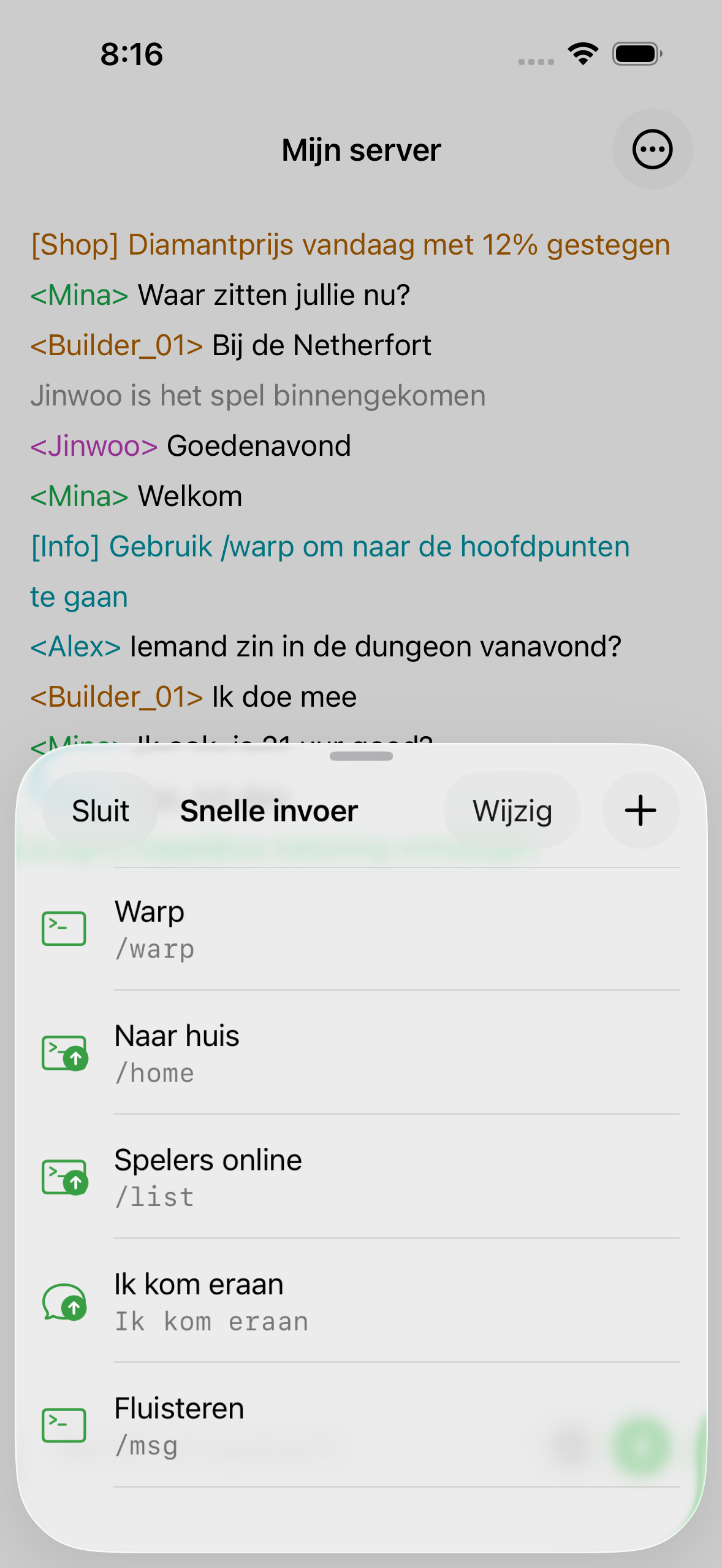 Saved quick inputs in ChatMC, including a spawn command and a greeting.