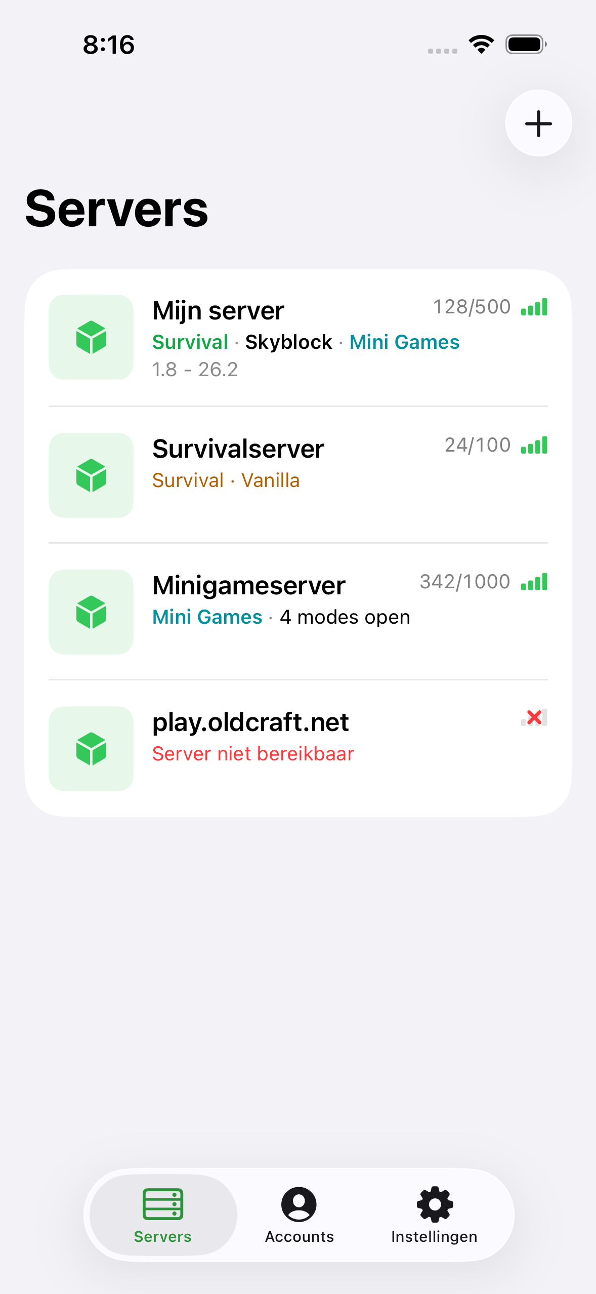 The ChatMC server list showing saved servers with player counts.