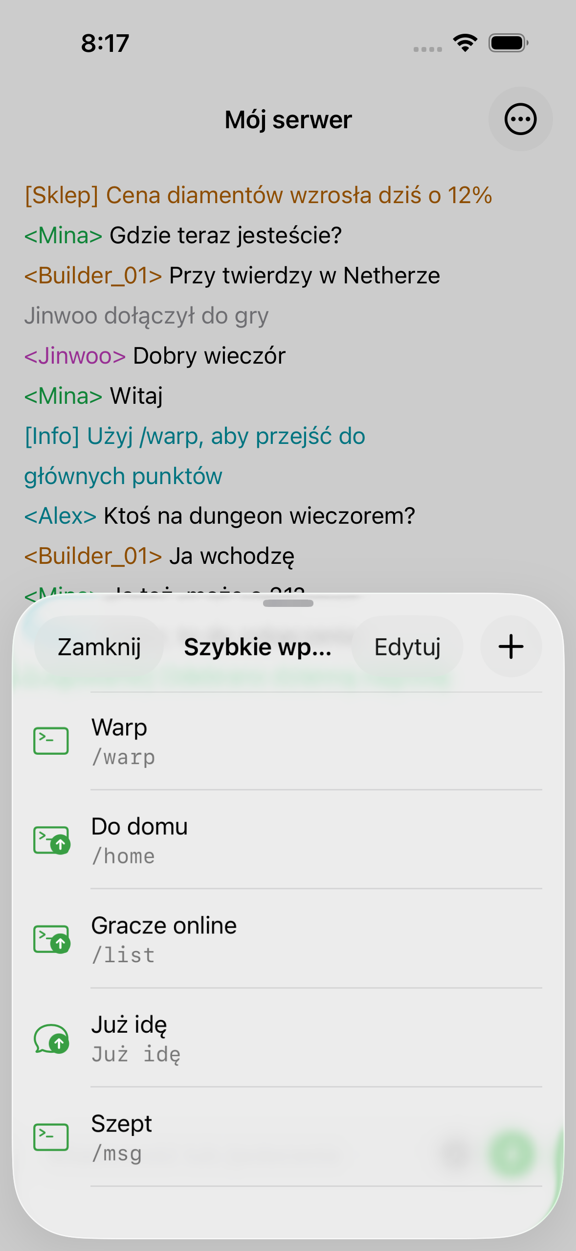 Saved quick inputs in ChatMC, including a spawn command and a greeting.