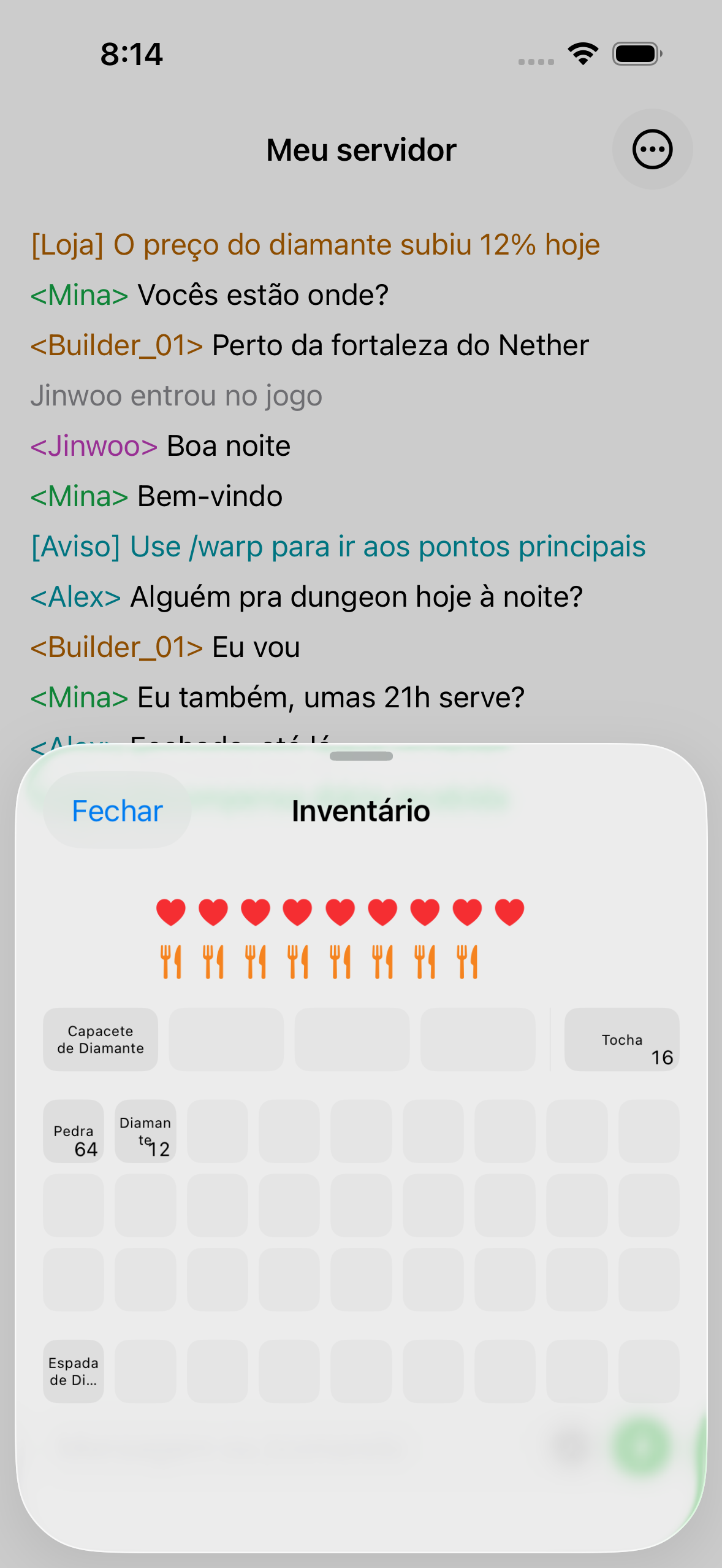 The ChatMC inventory view showing items, health and hunger.