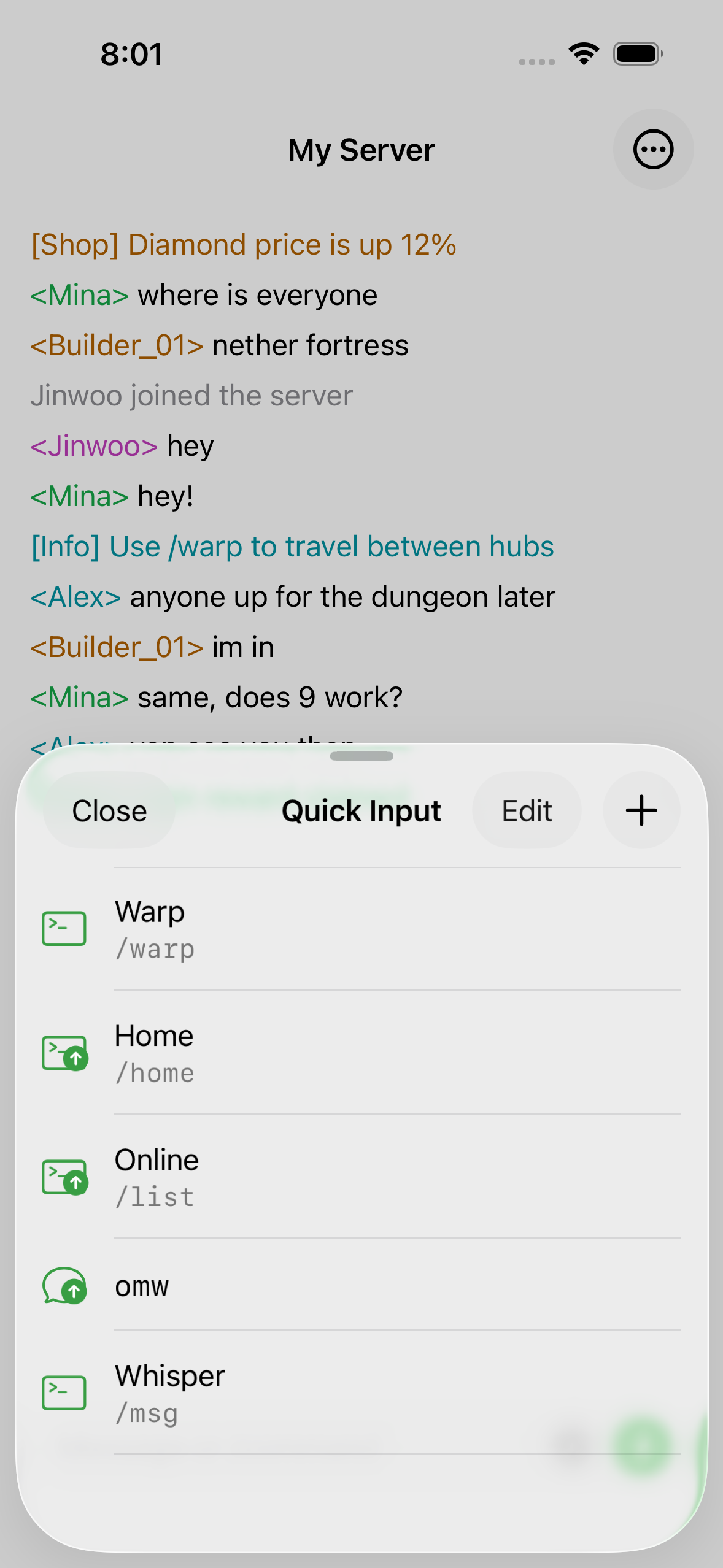 Saved quick inputs in ChatMC, including a spawn command and a greeting.