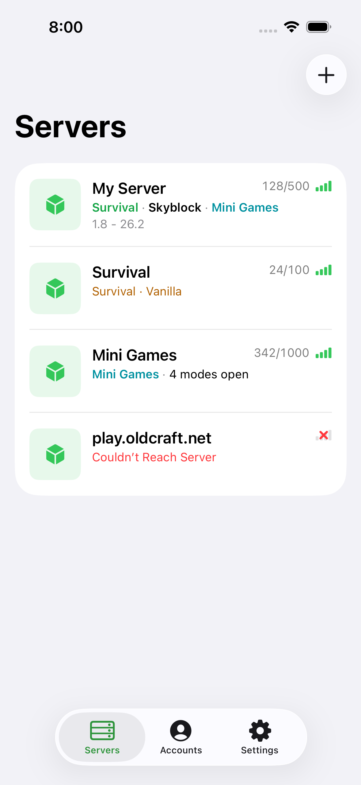 The ChatMC server list showing saved servers with player counts.