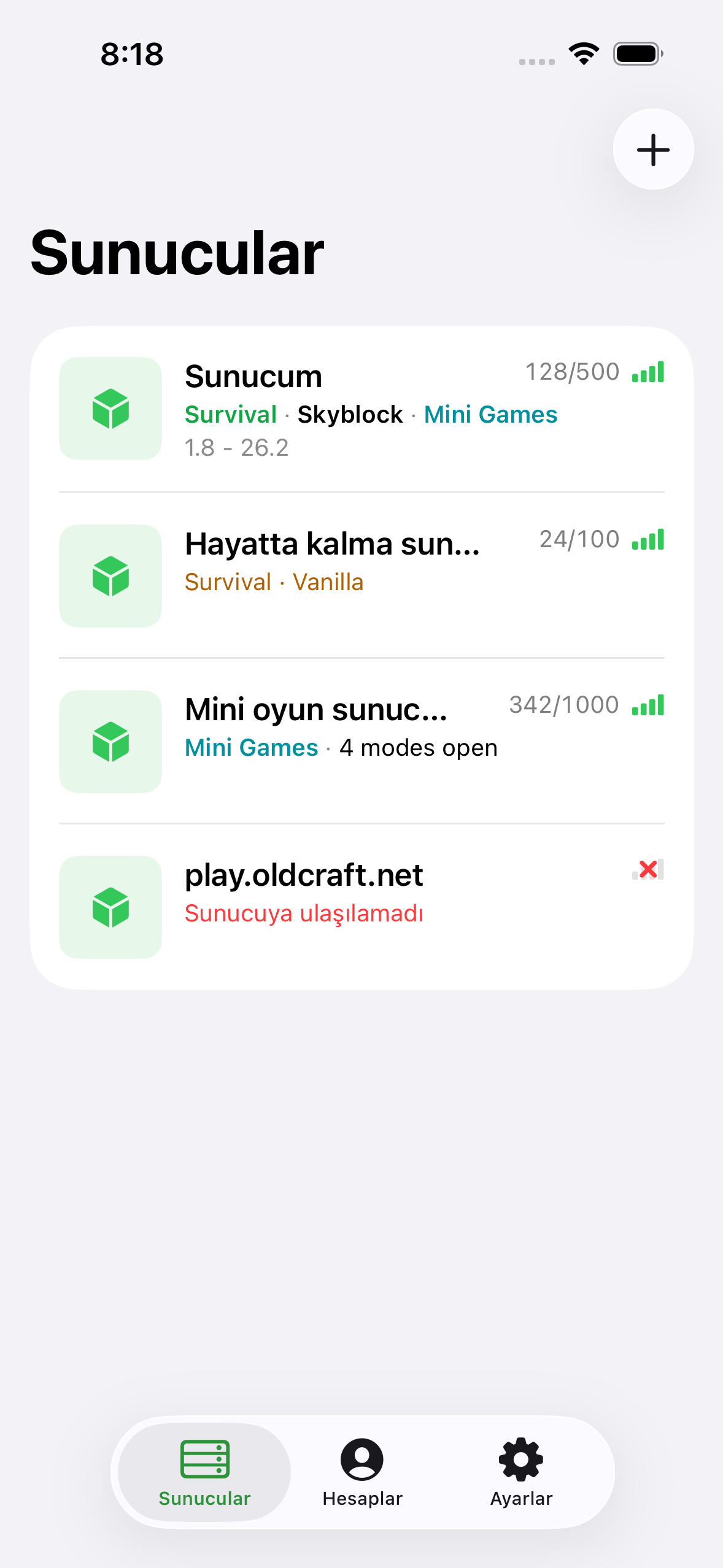 The ChatMC server list showing saved servers with player counts.